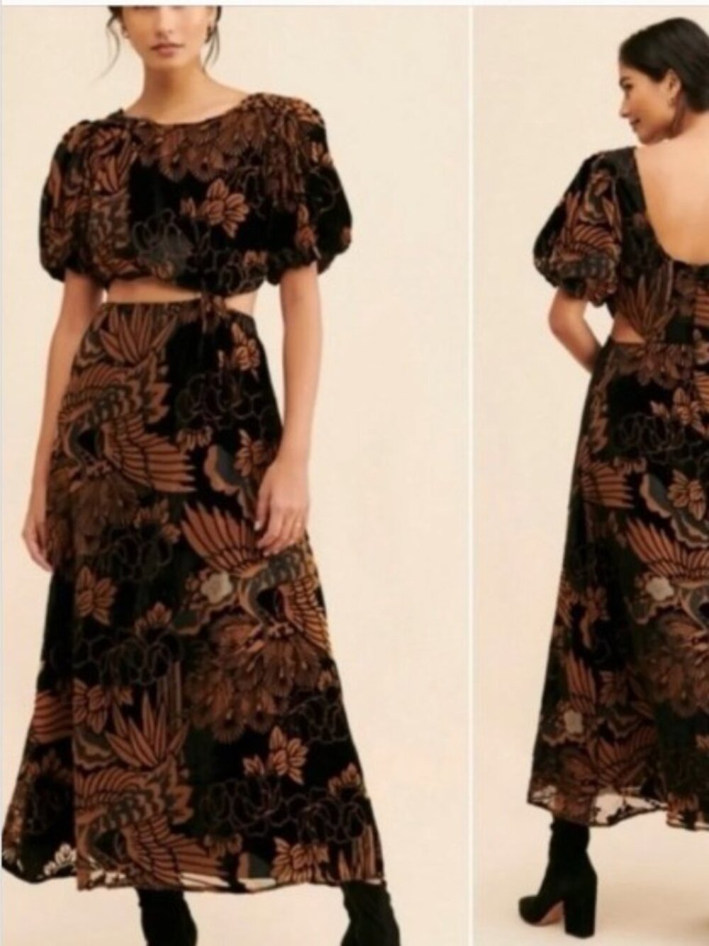 Anthropologie x Let Me Be Brown & Black Velvet Burnout Cutout Maxi Dress XS NEW!
